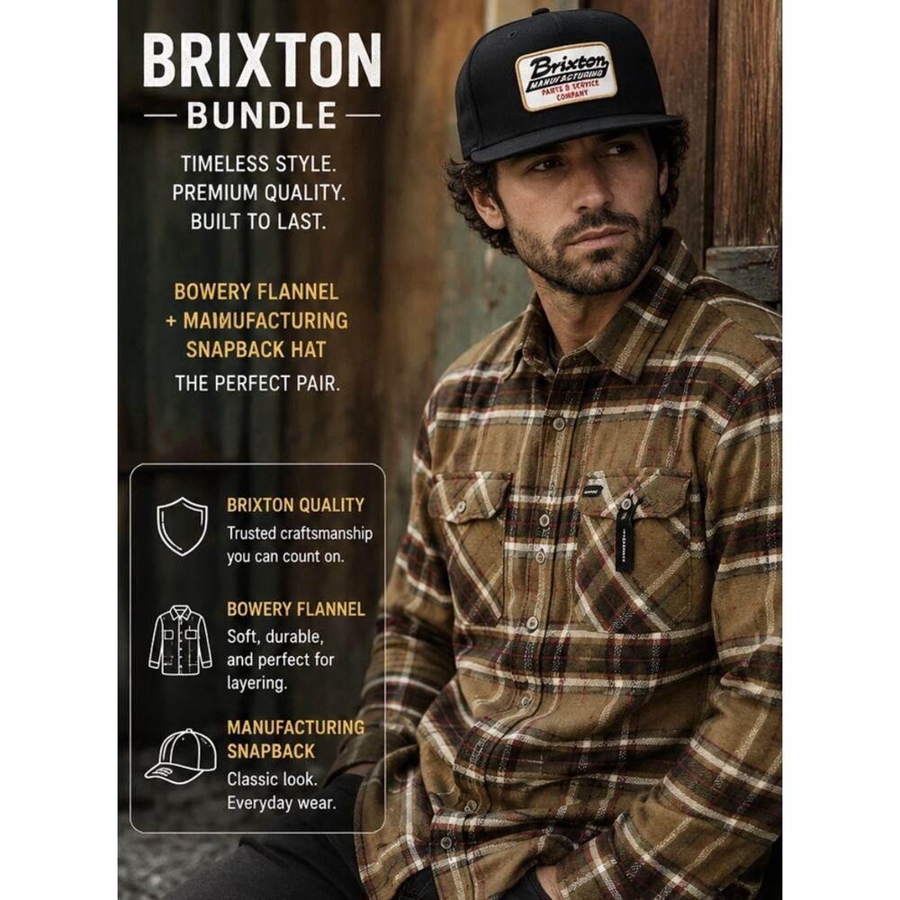 Brixton Bowery Flannel Shirt Mens Medium Brown Plaid Snapback Hat Bundle NWT